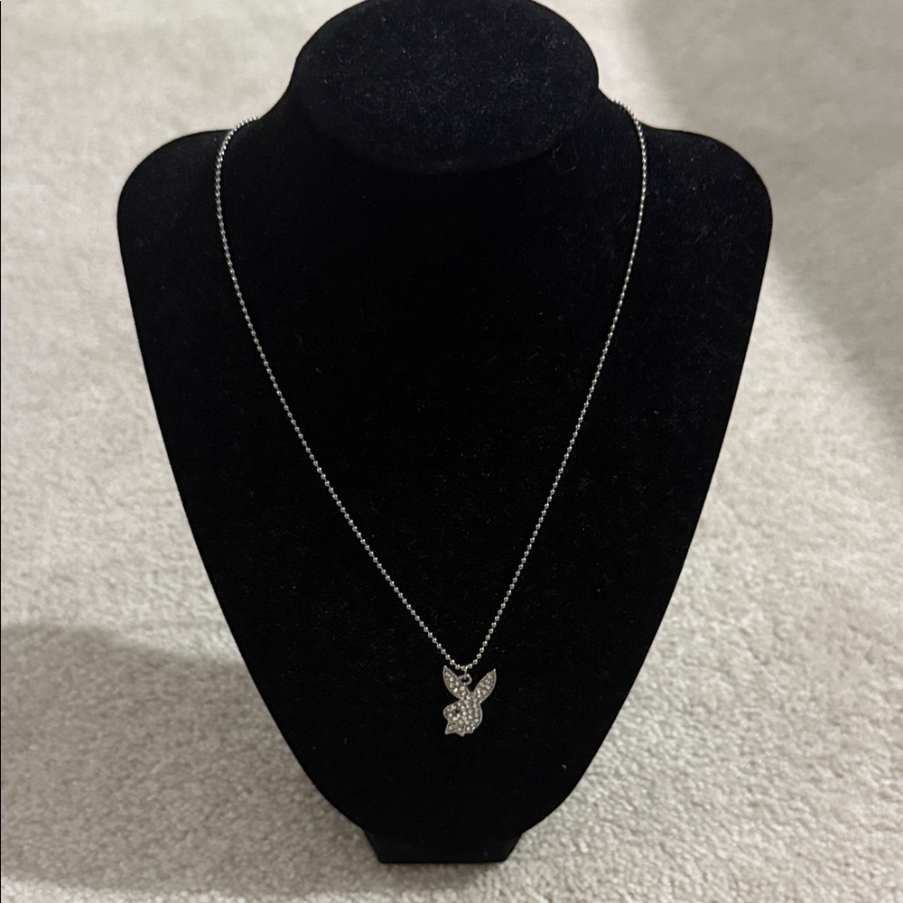 Rhinestone Playboy Bunny Necklace- Silver
